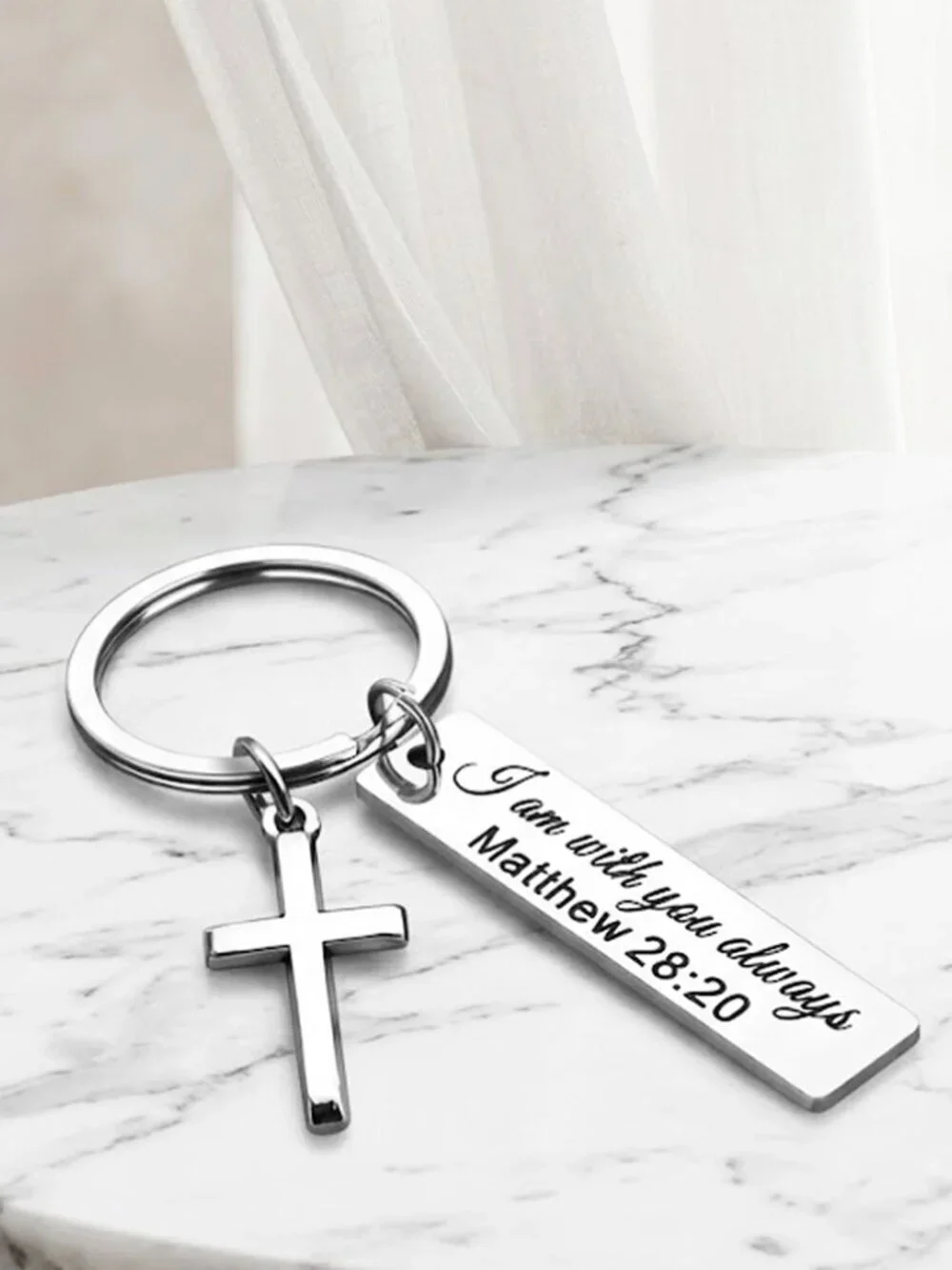 Silver I am With You Always Faith Keychain - Brand New